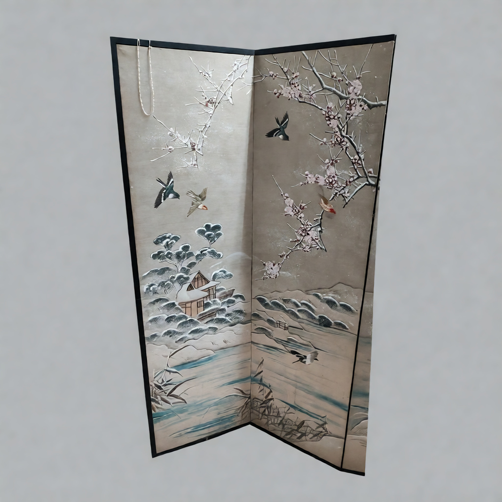 Late 19th-Early 20th Century Art Nouveau Hand-Painted Wooden Folding Screen – Cherry Blossom Landscape - Image 3