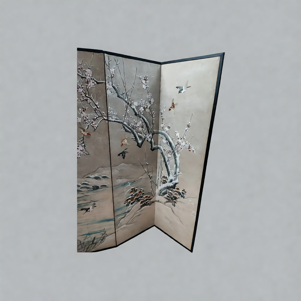 Late 19th-Early 20th Century Art Nouveau Hand-Painted Wooden Folding Screen – Cherry Blossom Landscape - Image 4