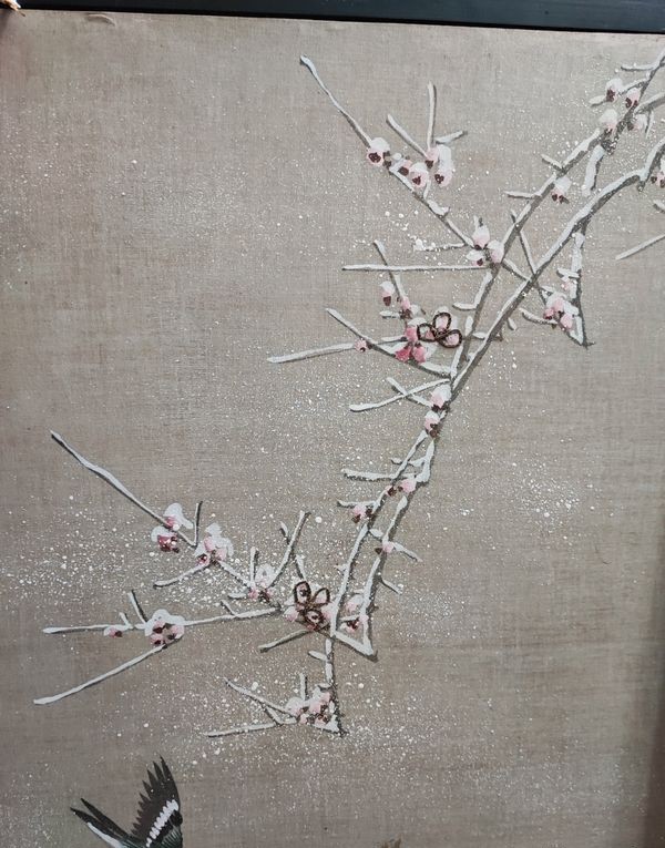Late 19th-Early 20th Century Art Nouveau Hand-Painted Wooden Folding Screen – Cherry Blossom Landscape - Image 2