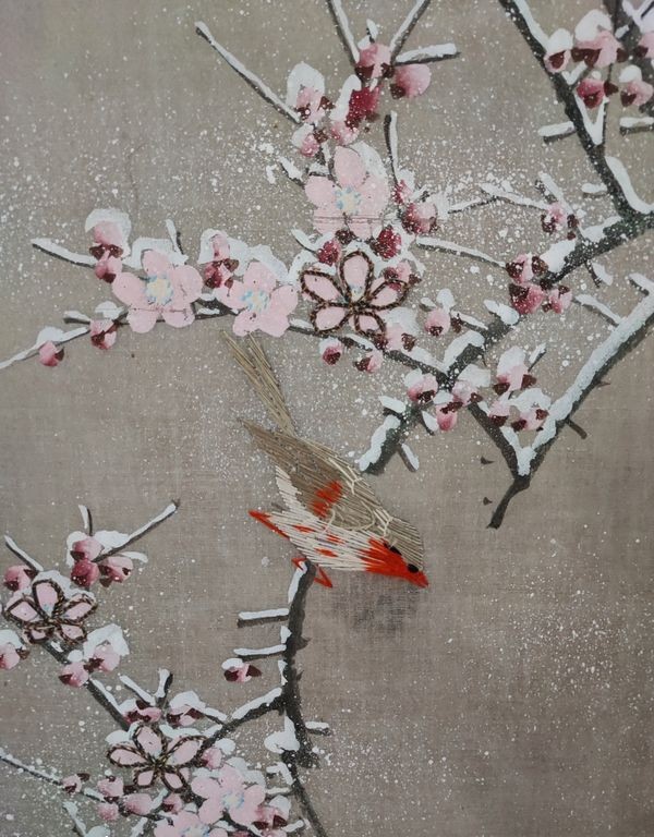 Late 19th-Early 20th Century Art Nouveau Hand-Painted Wooden Folding Screen – Cherry Blossom Landscape - Image 6