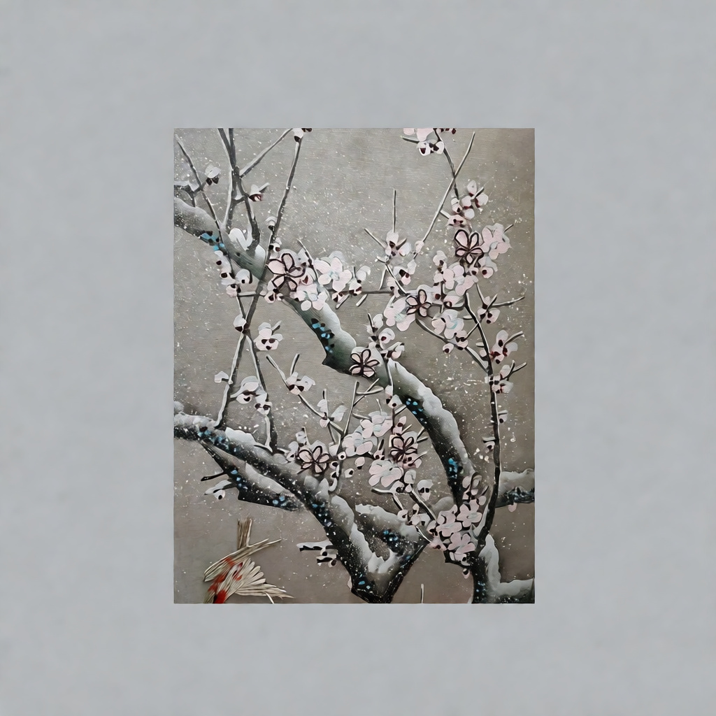 Late 19th-Early 20th Century Art Nouveau Hand-Painted Wooden Folding Screen – Cherry Blossom Landscape - Image 7