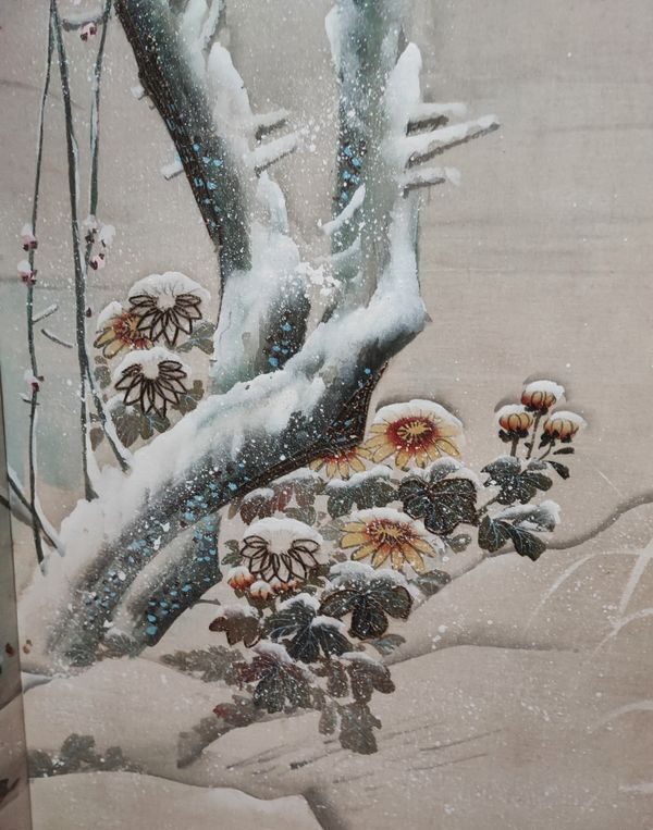 Late 19th-Early 20th Century Art Nouveau Hand-Painted Wooden Folding Screen – Cherry Blossom Landscape - Image 8