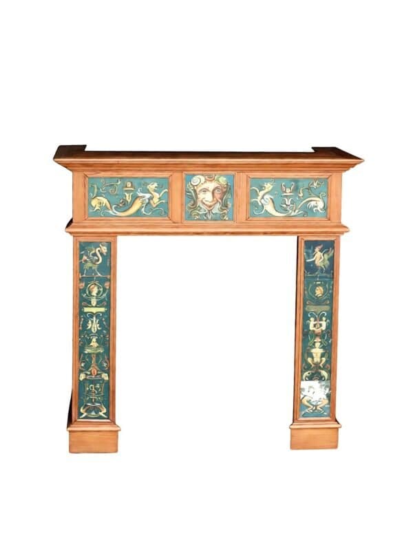 Late 19th-Century French Pine and Hand-Painted Ceramic Fireplace Mantle with Renaissance Revival Panels - 45¾"W