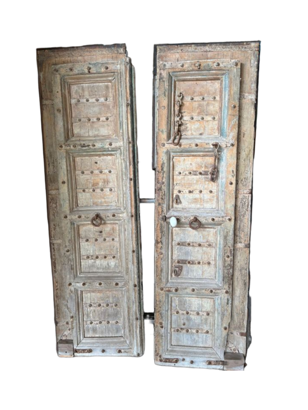 Late 19th-Century Early 20th-Century Rustic Indian Carved Teak Pair of Doors - Each Leaf 77¼" H