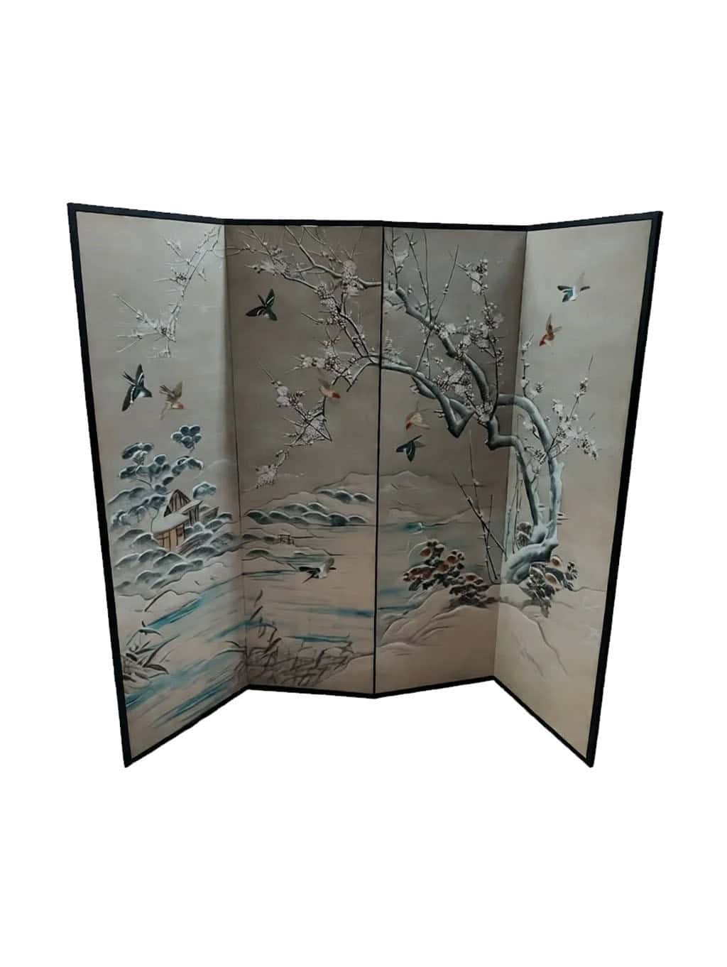 Late 19th-Early 20th Century Art Nouveau Hand-Painted Wooden Folding Screen – Cherry Blossom Landscape